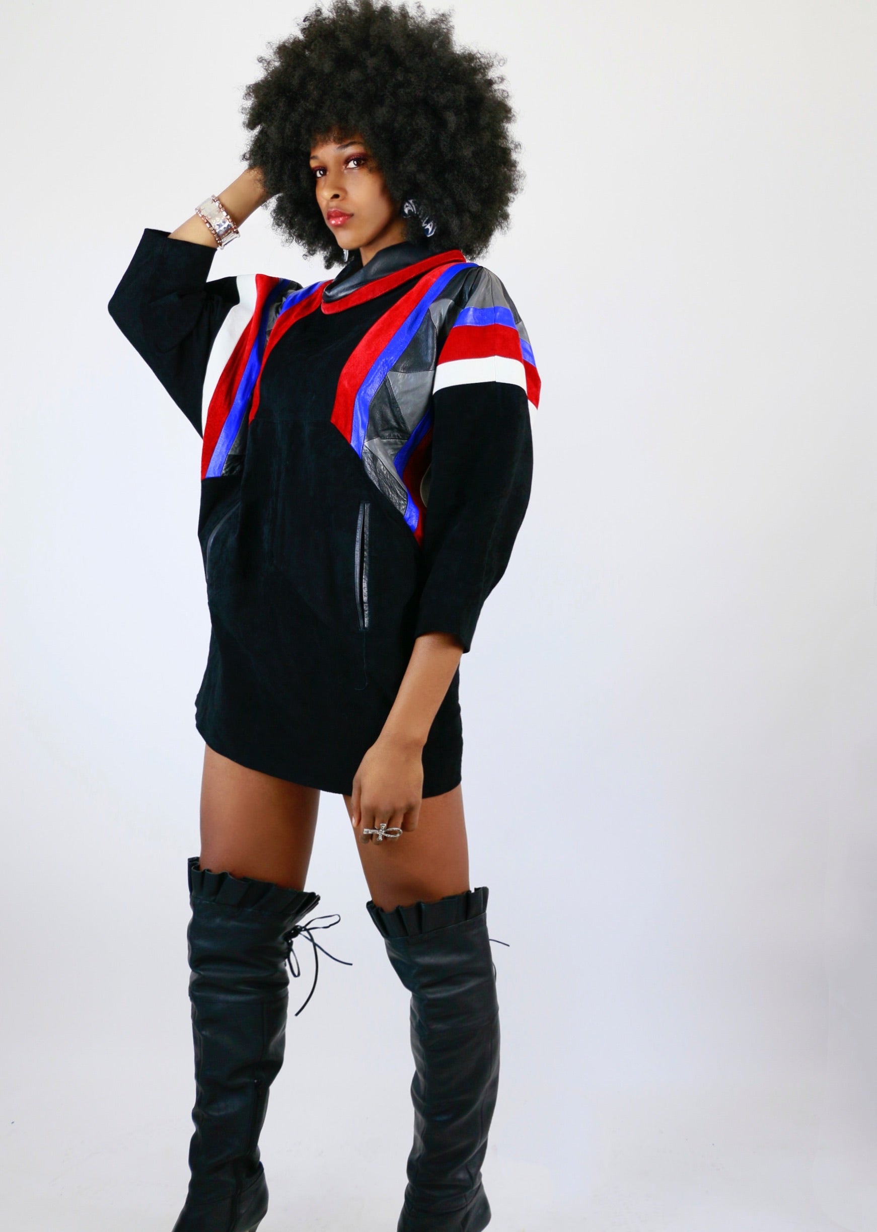 leather cowl neck dress The Maya Ruched Cowl-Neck Dress: Faux Leather Mini Edition