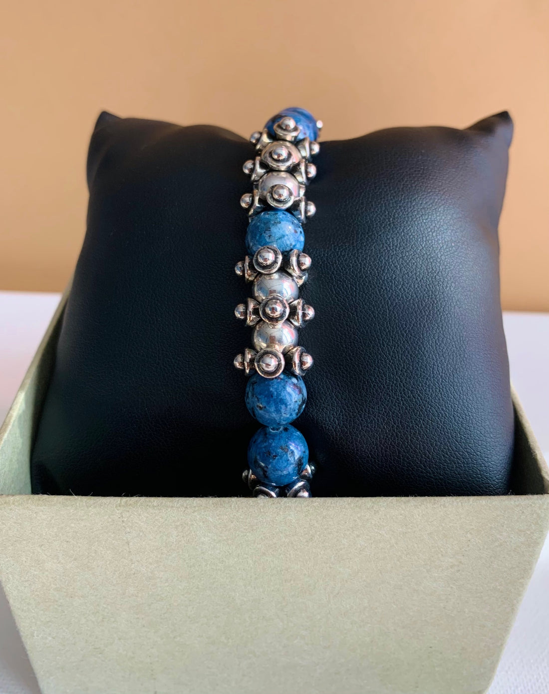 Menβs Lapis Stone and Metal Bracelet