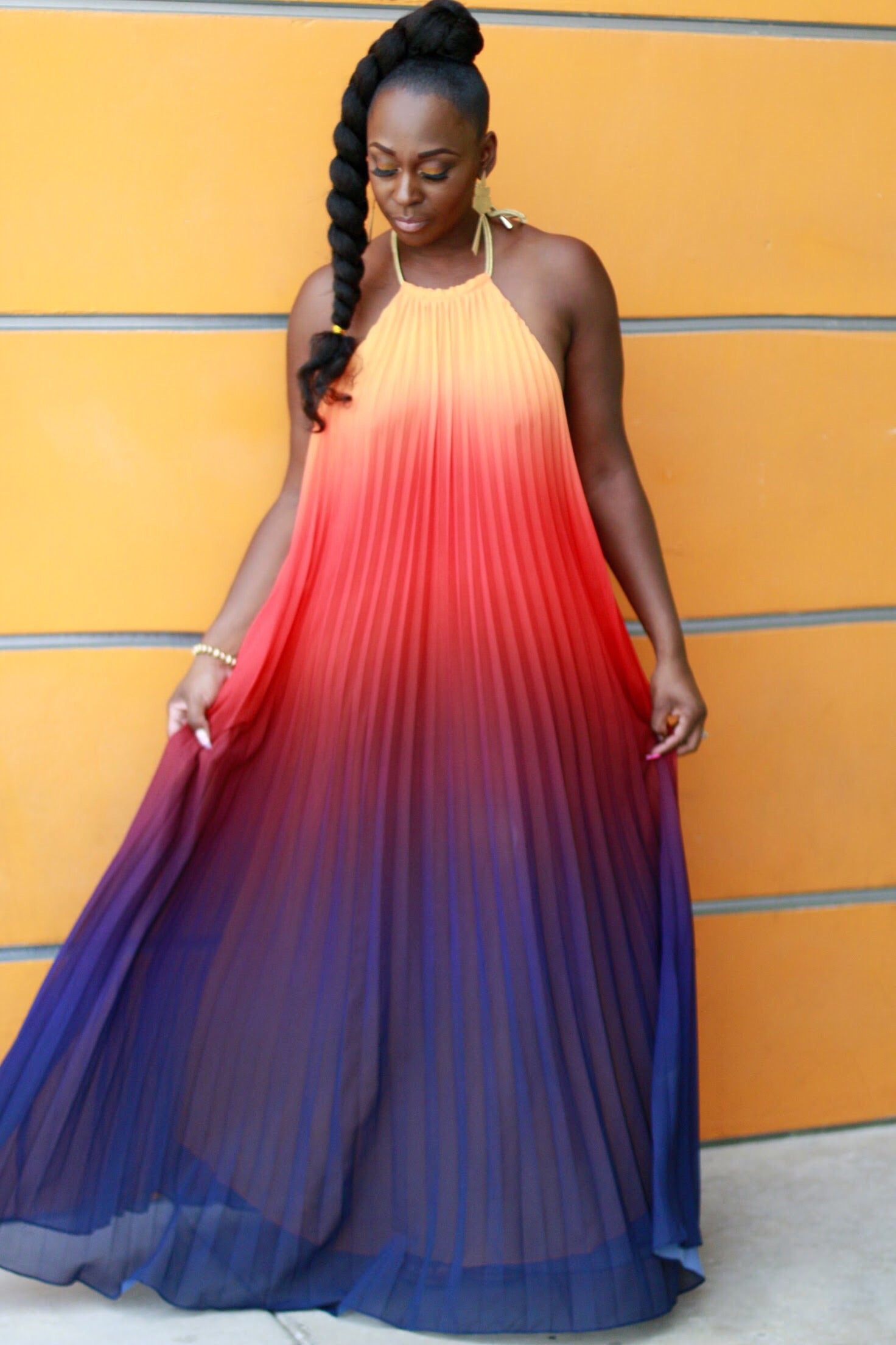 Mojave Sunset Pleated Maxi Dress Small / yellow/orange/purple Mojave Sunset Pleated Maxi Dress Small / yellow/orange/purple