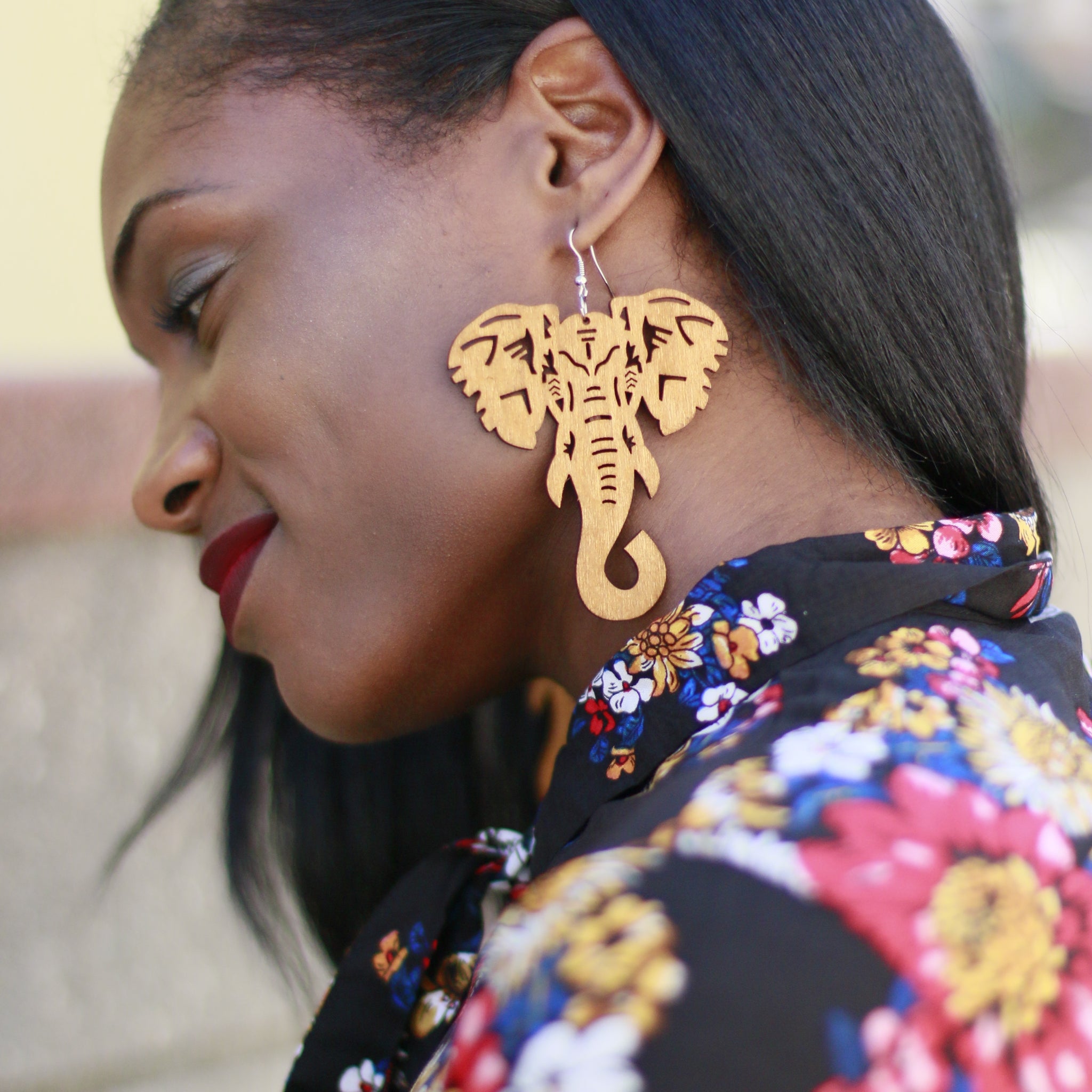Tribal Elephant Wooden Earrings