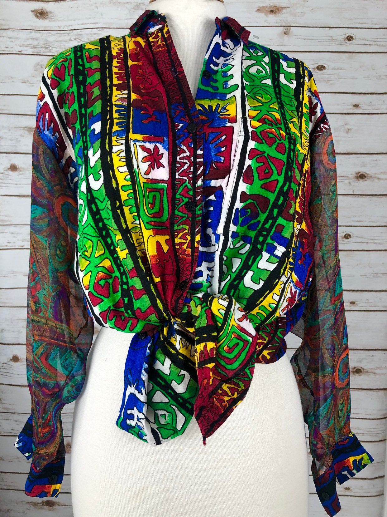 80s 90s Vintage Button Down Blouse Sheer Sleeve Tribal Print Hipster Slouch