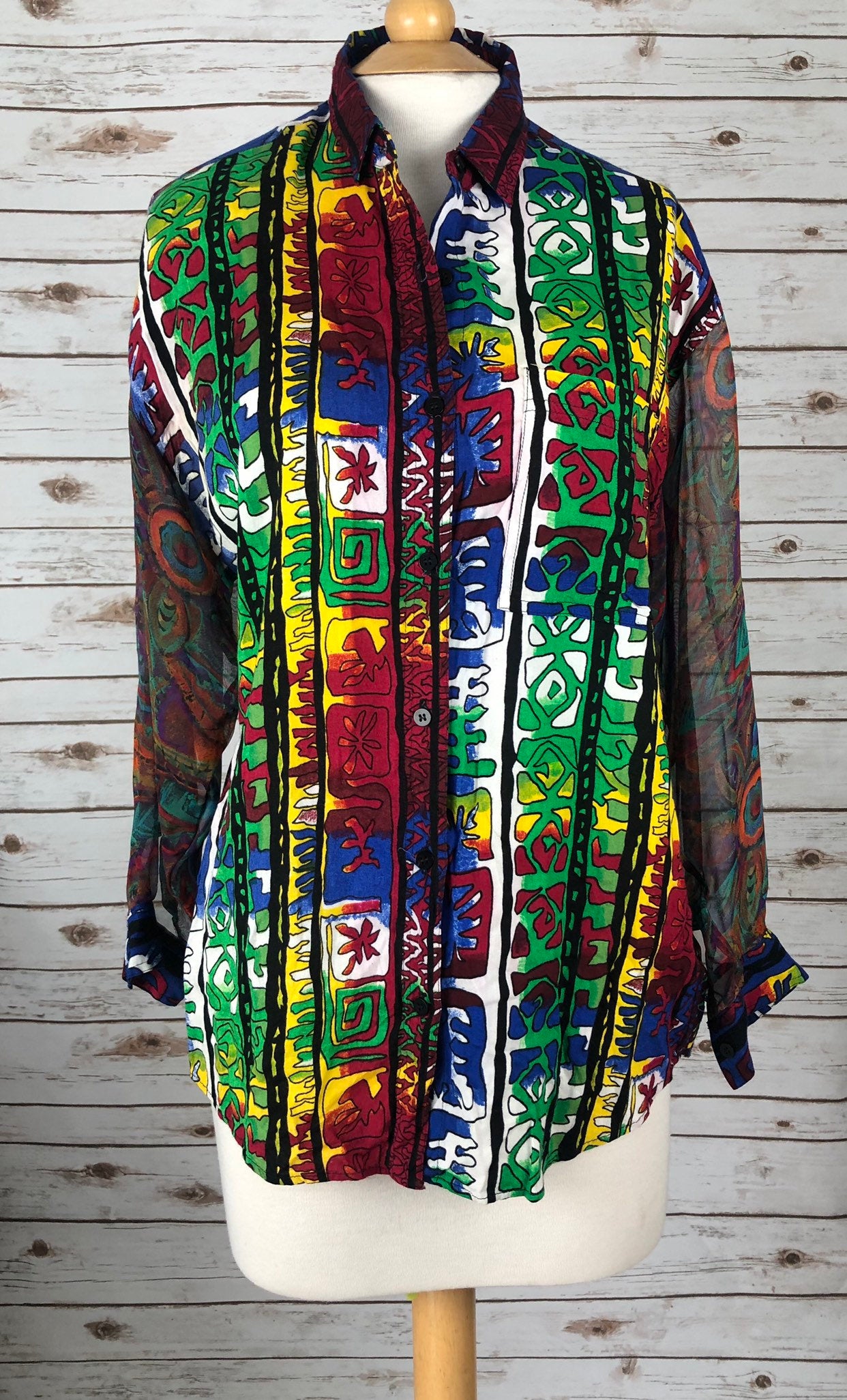 80s 90s Vintage Button Down Blouse Sheer Sleeve Tribal Print