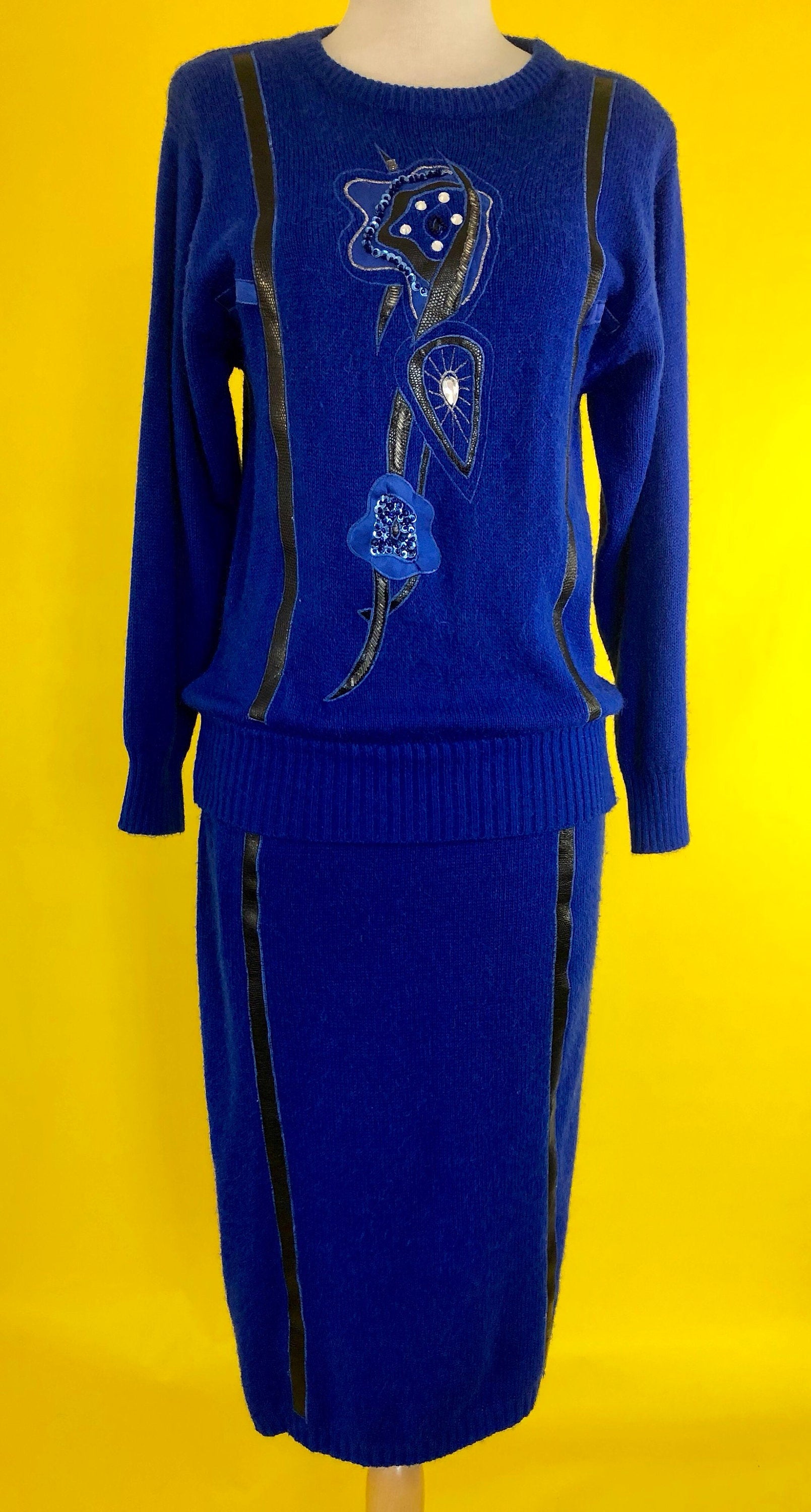 Live: 163 Blue Sweater Dress Leather Trim and Rhinestone Size Medium
