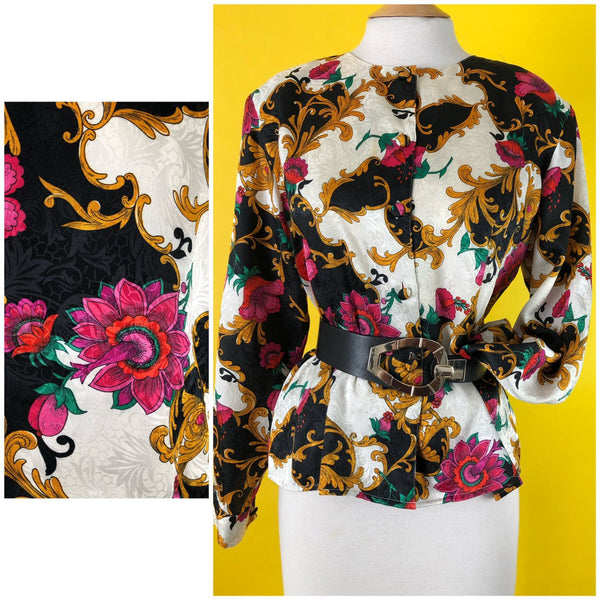 80s 90s Vintage Rose Blouse Bold Versace Style Print Hipster 1980s Top