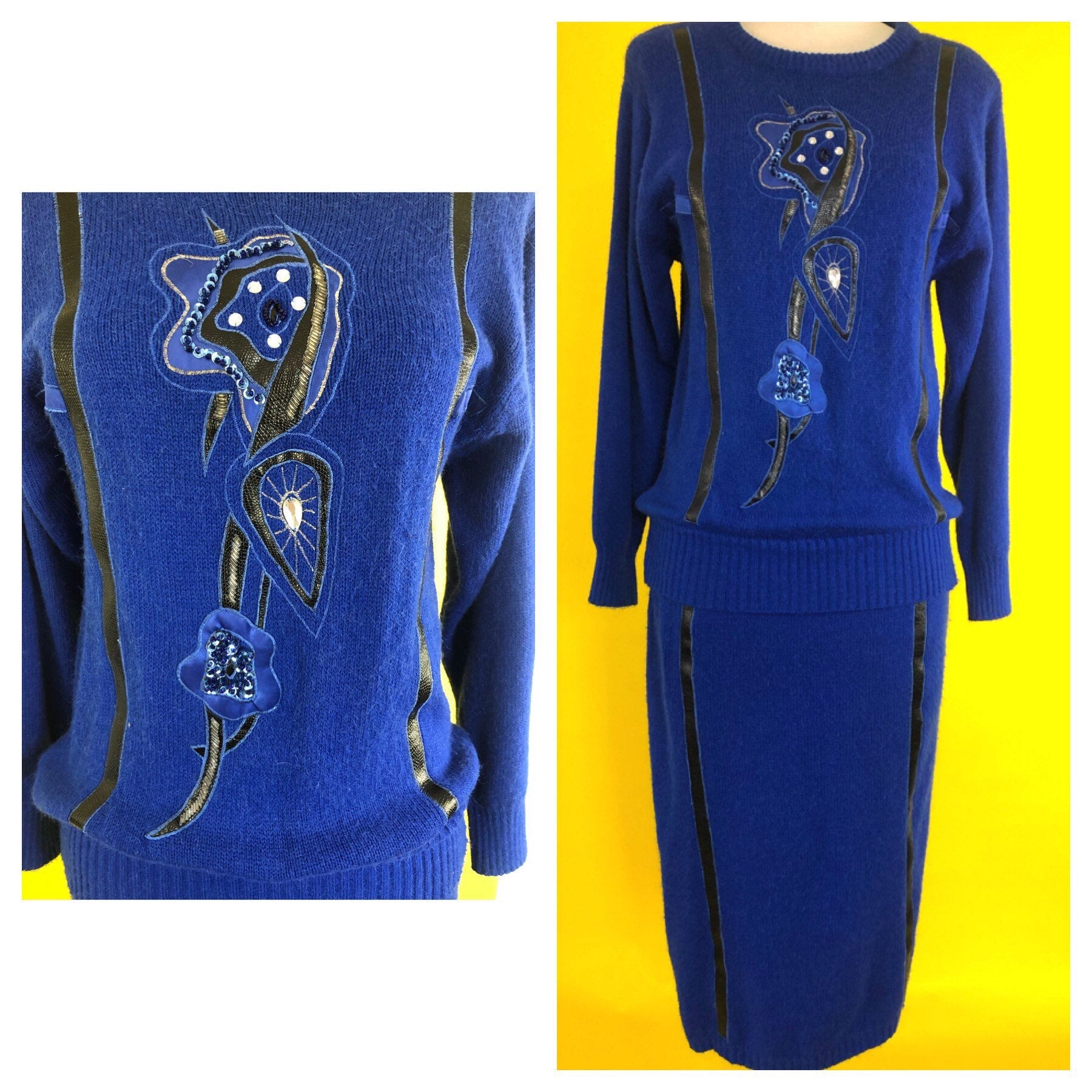 Live: 163 Blue Sweater Dress Leather Trim and Rhinestone Size Medium