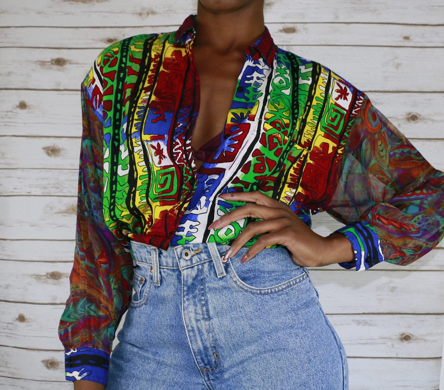 80s 90s Vintage Button Down Blouse Sheer Sleeve Tribal Print Hipster Slouch