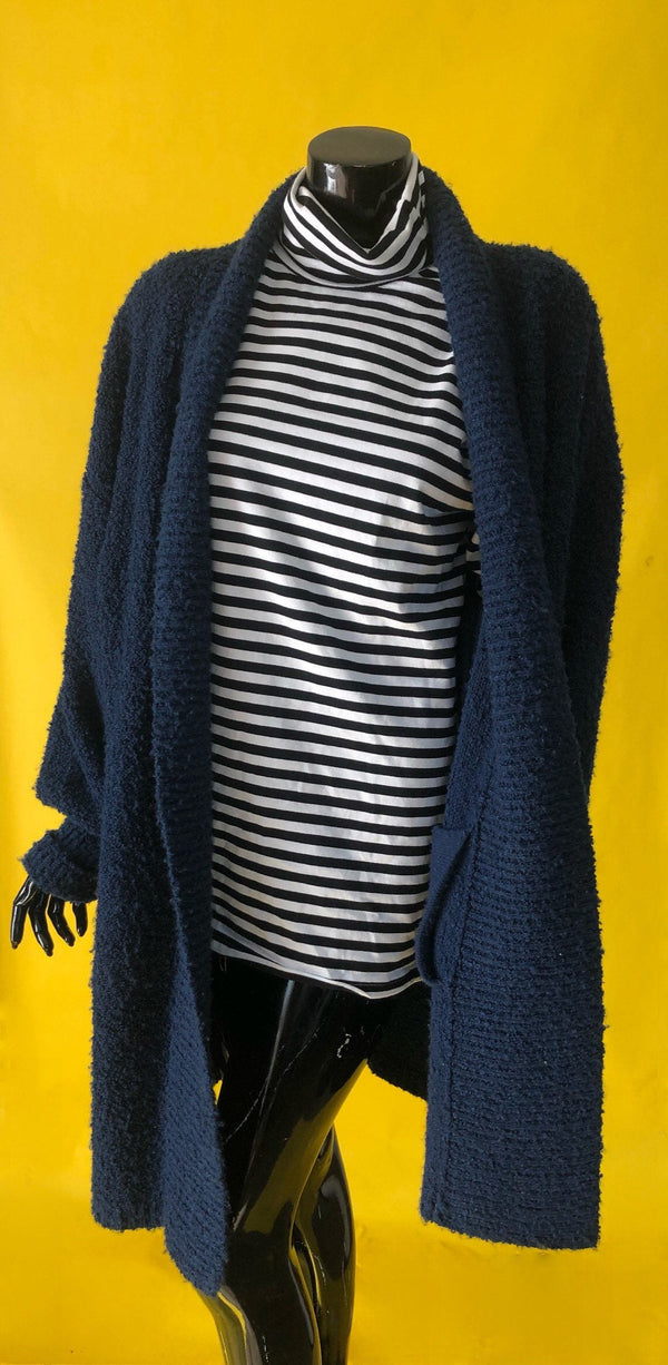 Oversized Plus Womens 90s Navy Blue Textured Knit Sweater Cardigan by Fitting Image Pockets