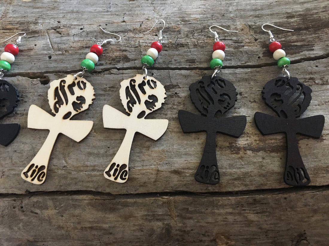 Afro Life Ankh Wooden Earrings