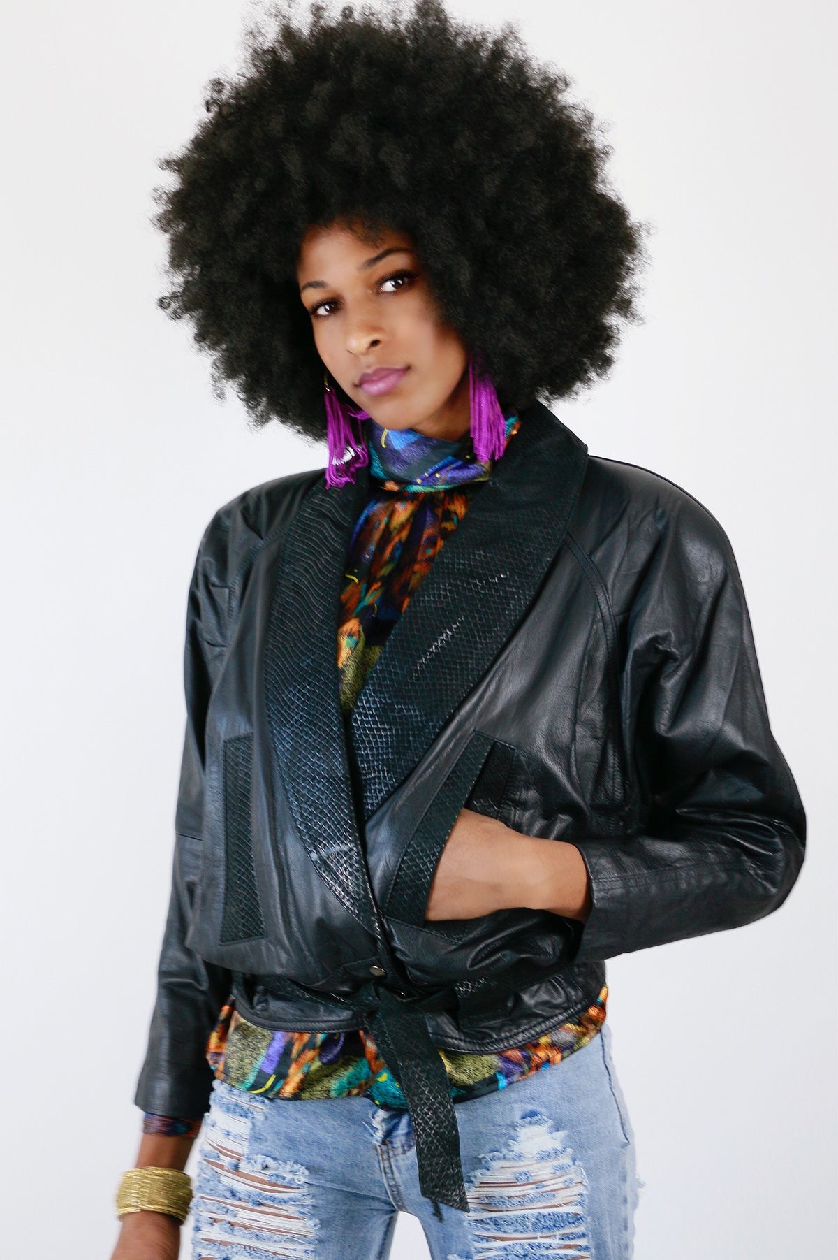 80s short real leather bomber 眠 jacket blk