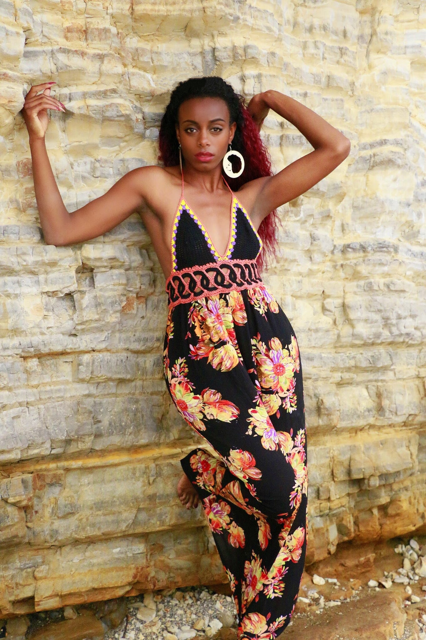 Peonia Crochet Halter Dress Medium / gold/orange/purple