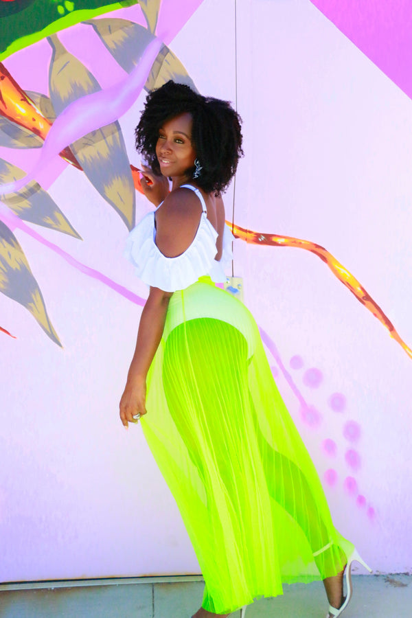 Neon Pleated Tulle Maxi Skirt